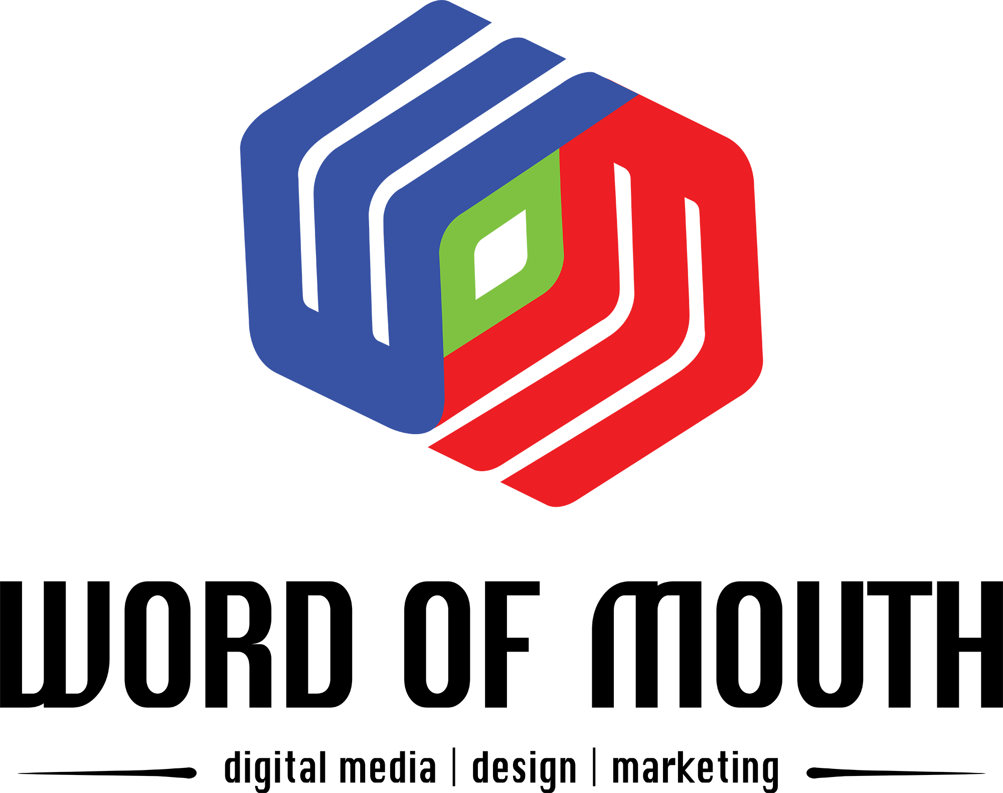 Word of Mouth, LLC. Company Logo a 3D cube with the letters W in the color blue, O in the color green, and M in the color red. Sub-heading includes the words Digital Media, Design, Marketing